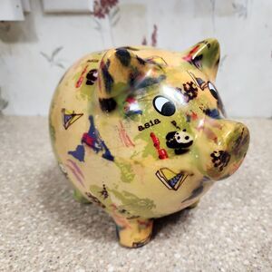 World Map Asia Australia Africa Ceramic Country Piggy Bank Pig Pandas 6" x 7"